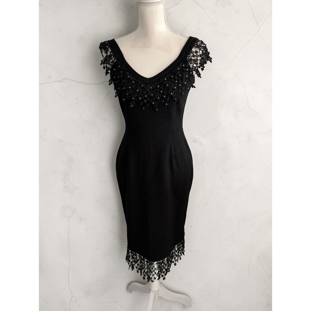 ELANA Black Crochet Trim Stretch Dress Size Small